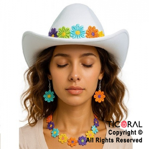 SET DISFRAZ PRIMAVERAL CON SOMBRERO BLANCO COLLAR Y ARITOS CON FLORES